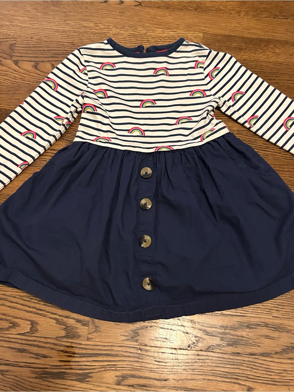Mini Boden Rainbow and Stripes hopscotch dress with gathered skirt